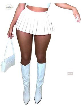 Mini Pleated Skirt High Waist Stretchy A-Line Skater with Slit